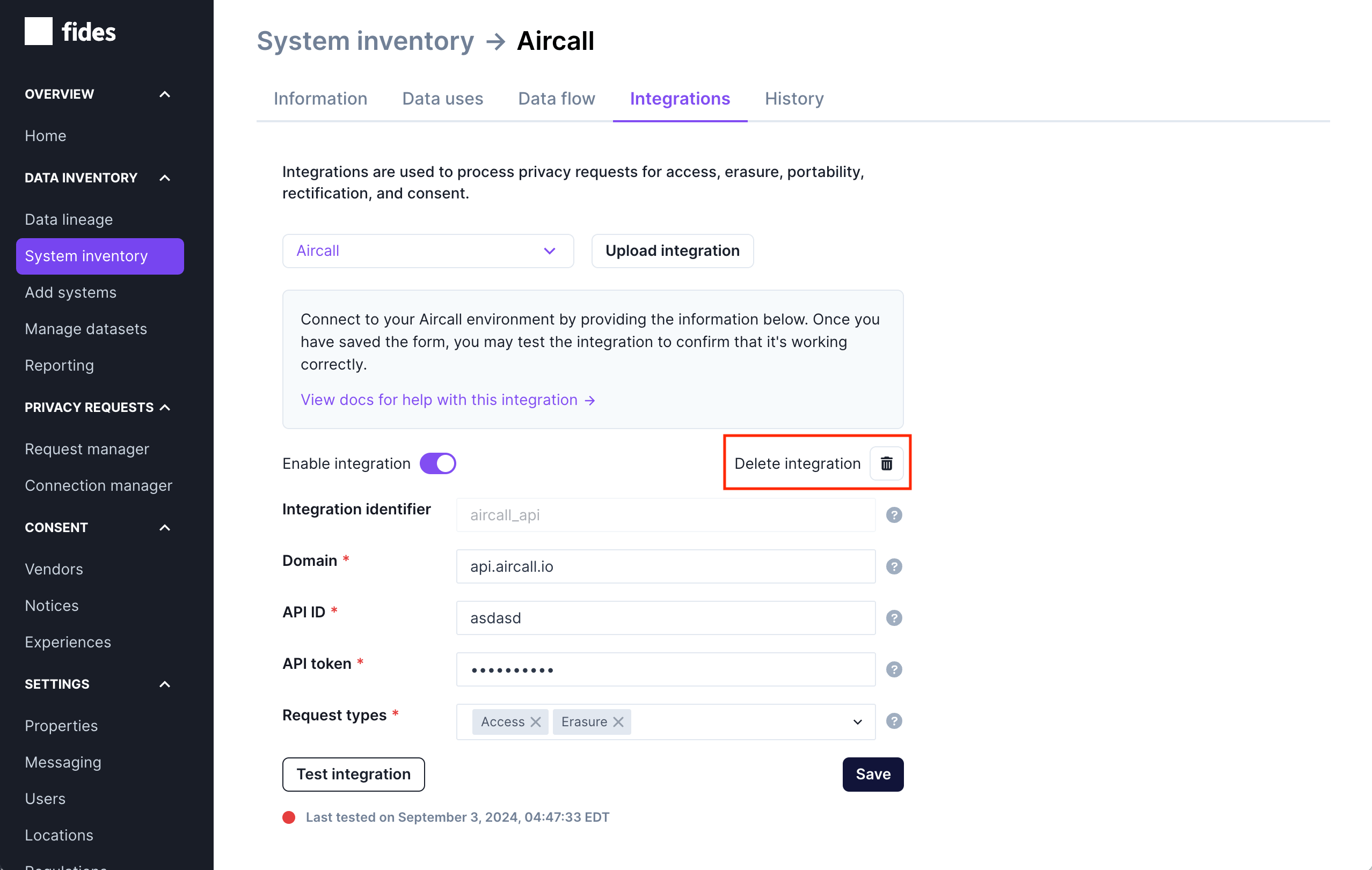 Delete integration