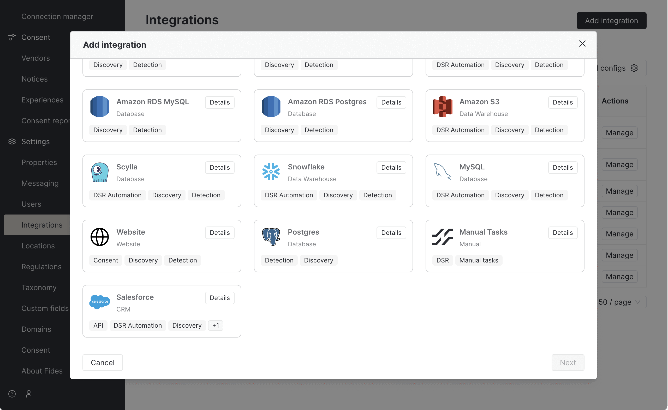 Add integration modal