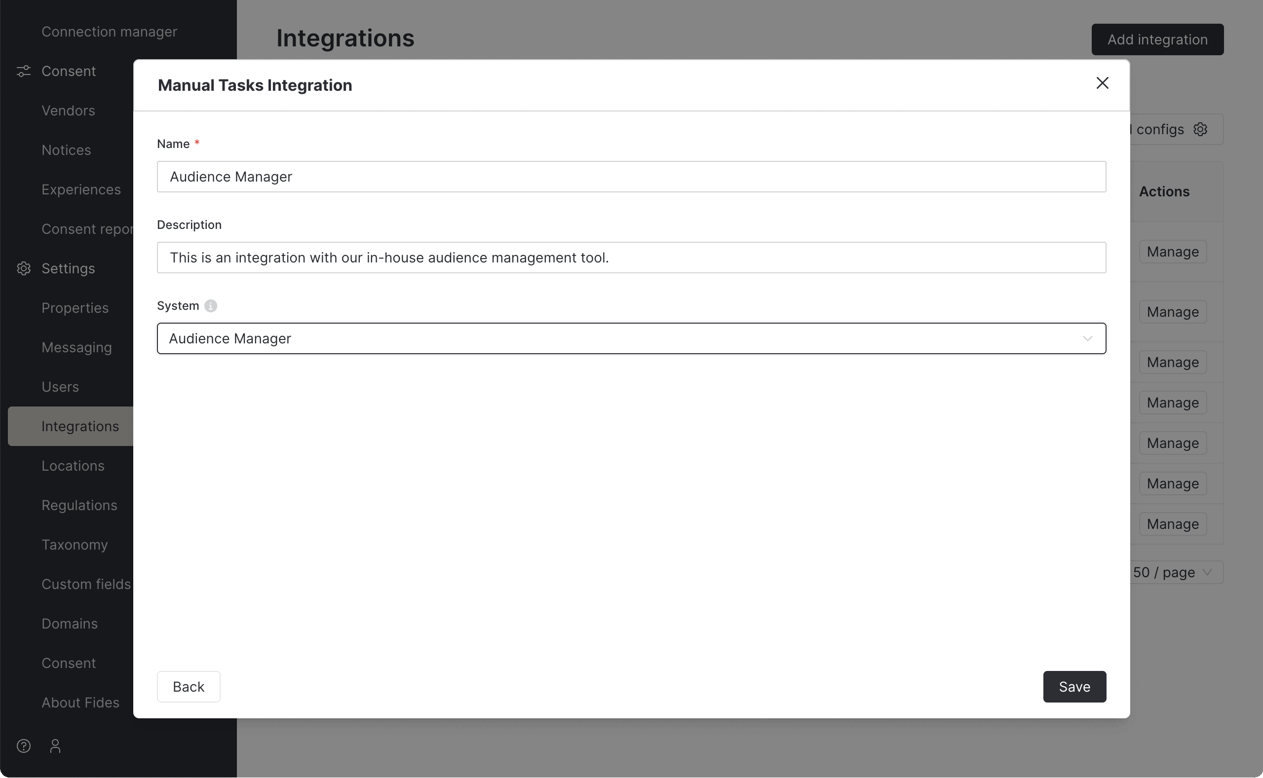 Add integration modal
