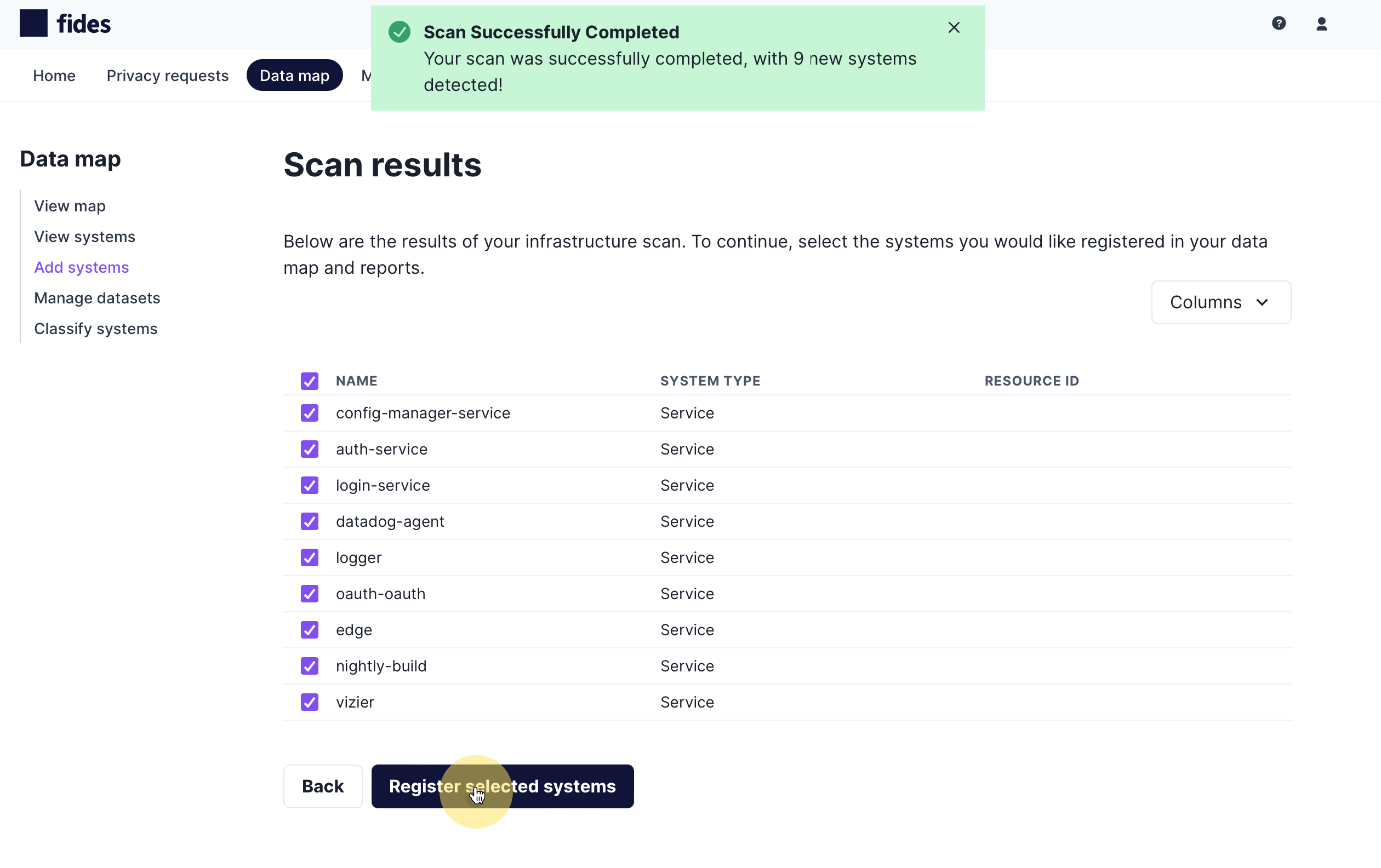 Network data flow scanner results of disovered systems