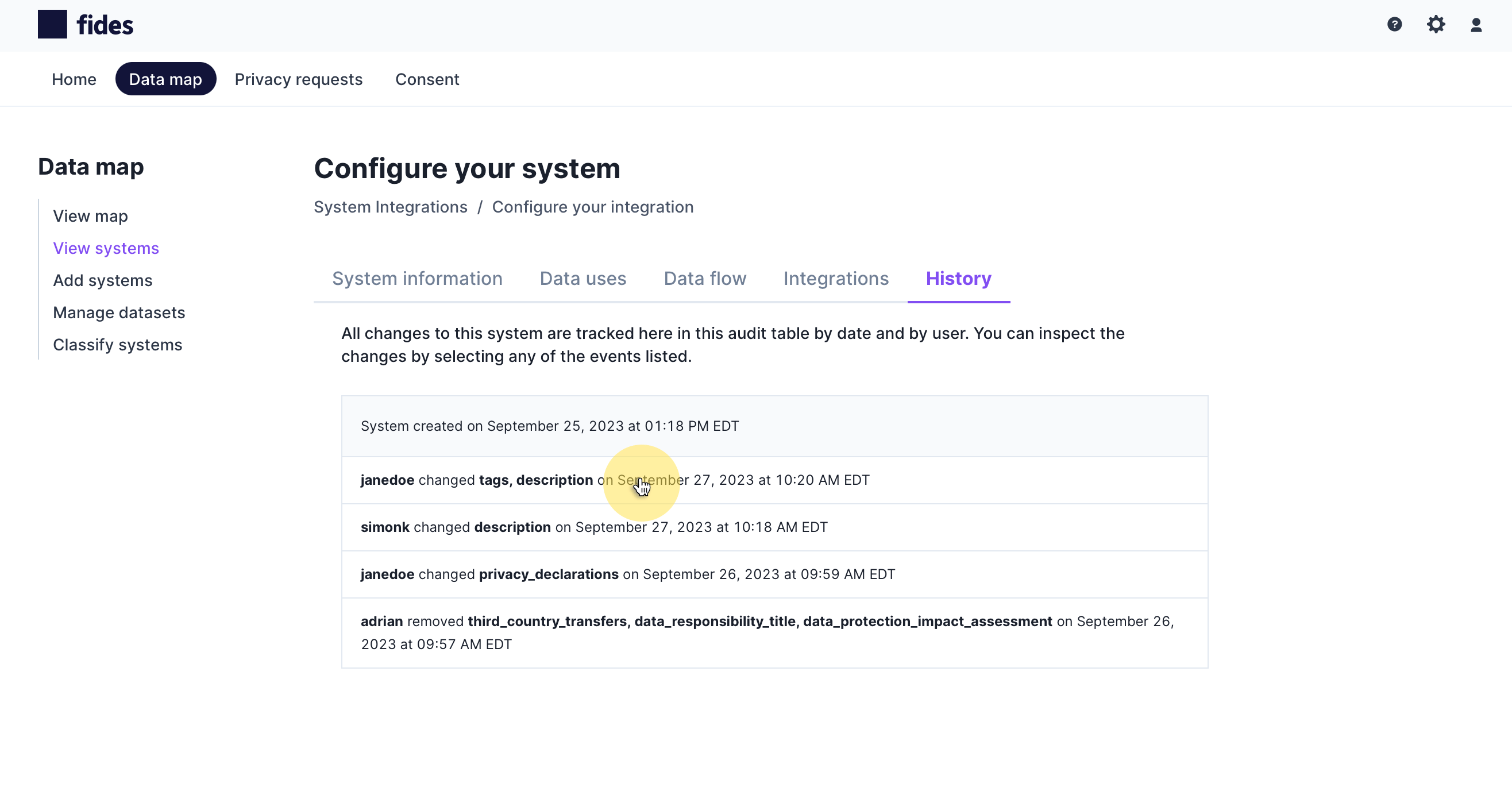 Viewing system history