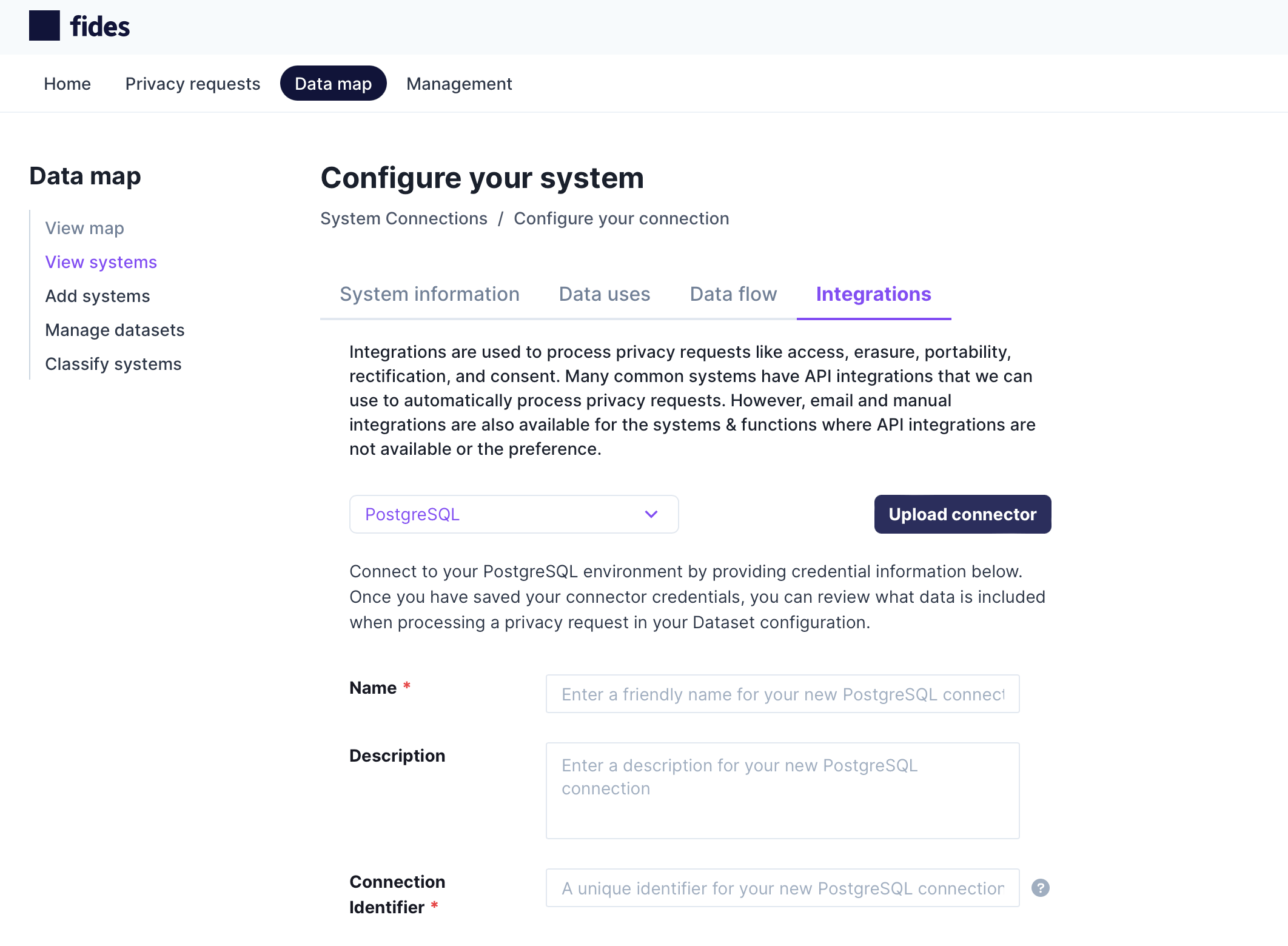 Complete the default fields for the database integration