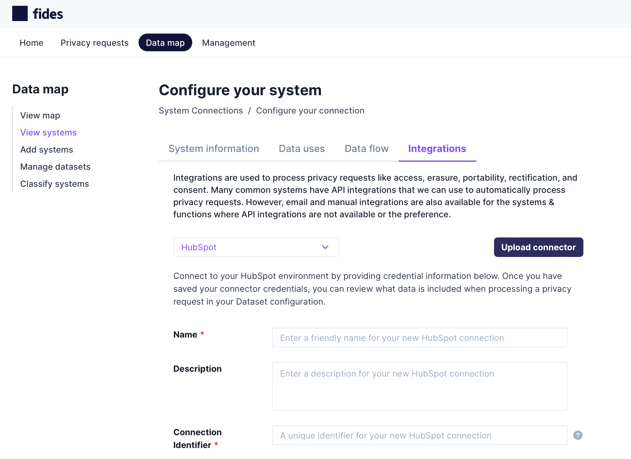 Complete the default fields for the system integration