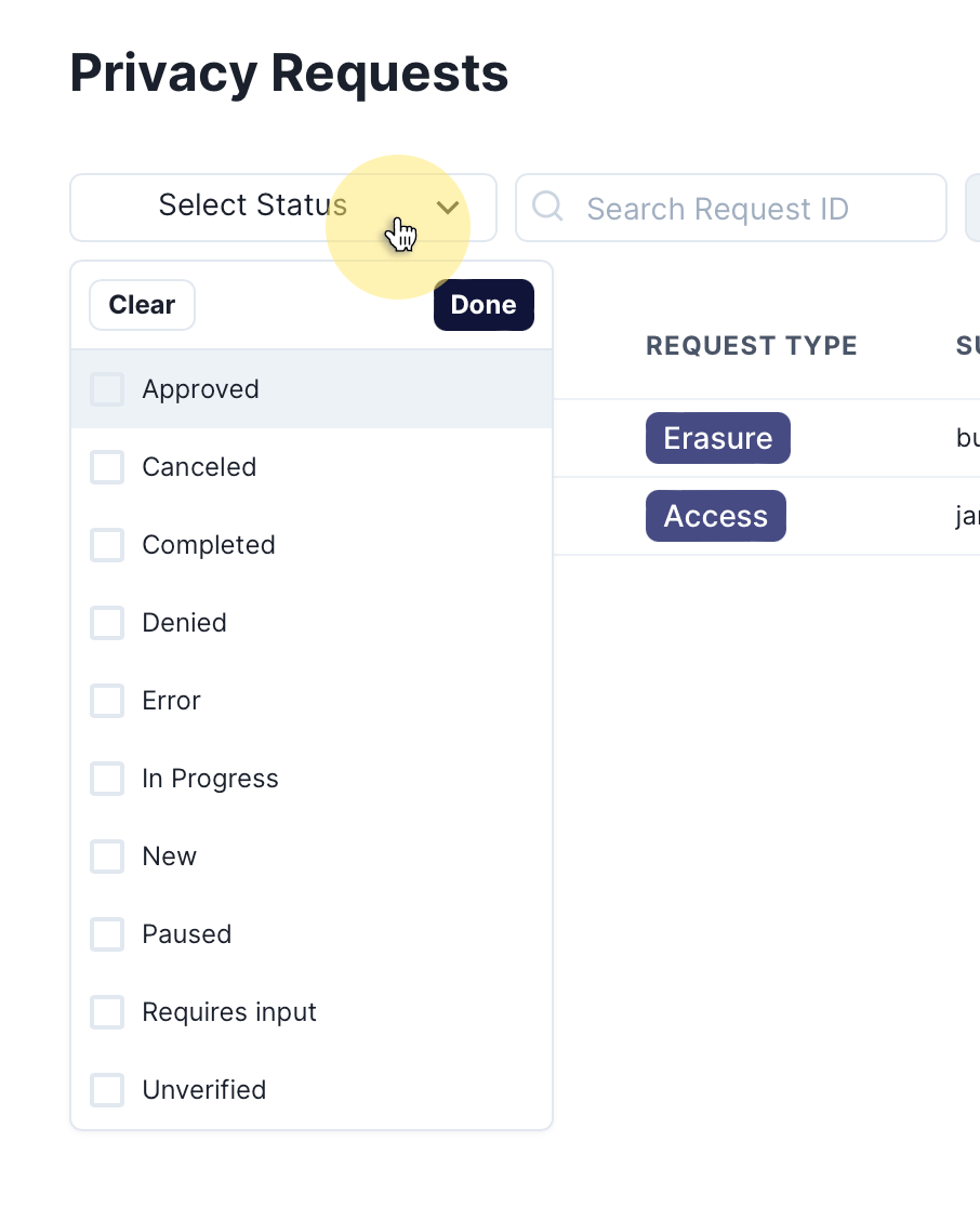 Filter Privacy Requests by Status
